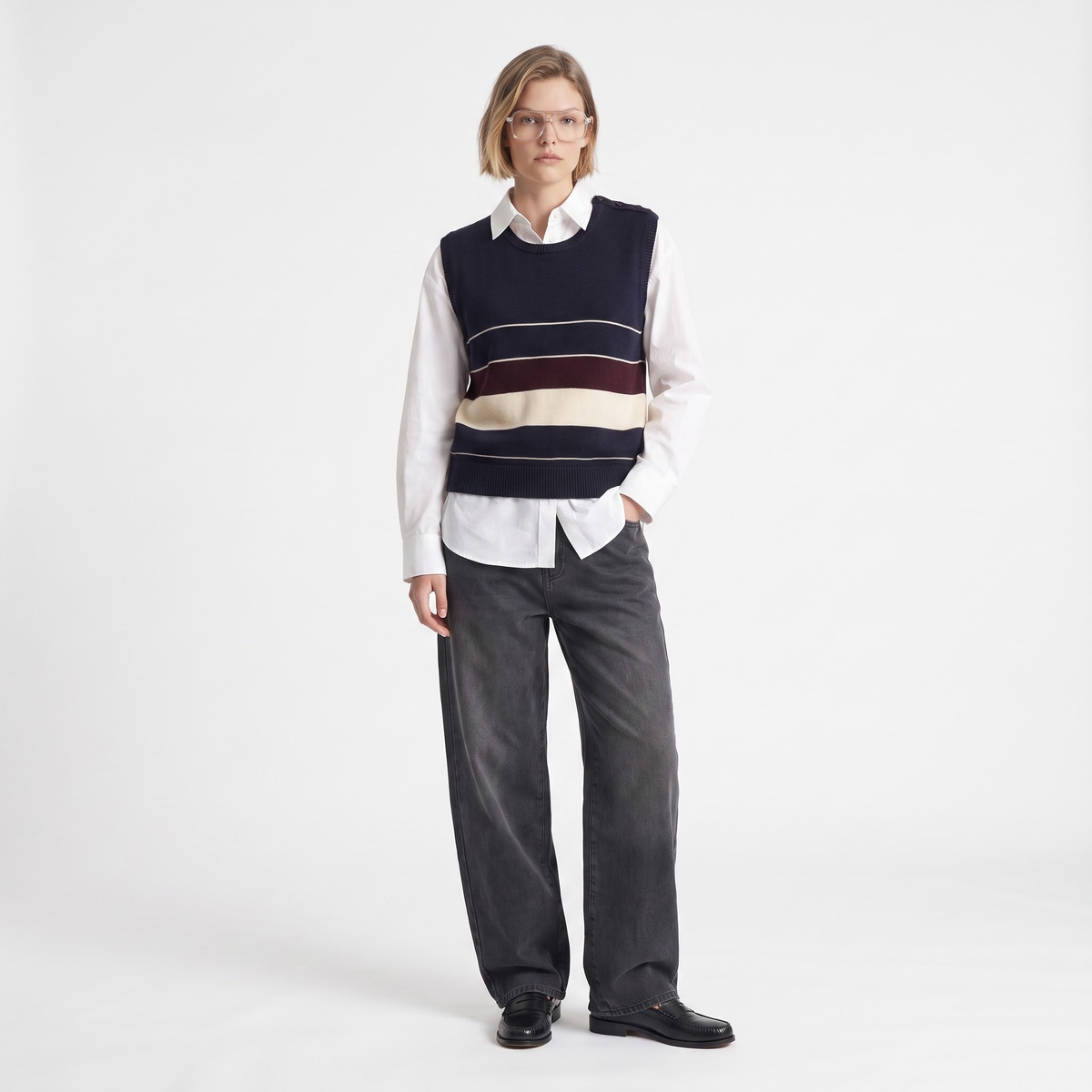 Gilet à rayures navy, rouge et blanc