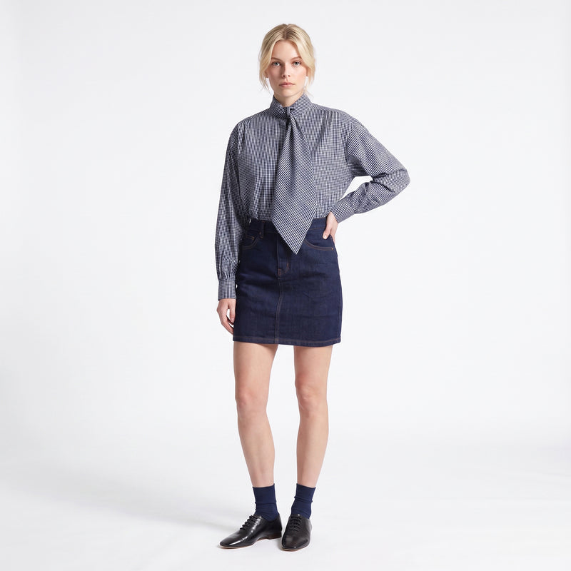 Chemise pied-de-poule Col lavallière à nouer Manches longues