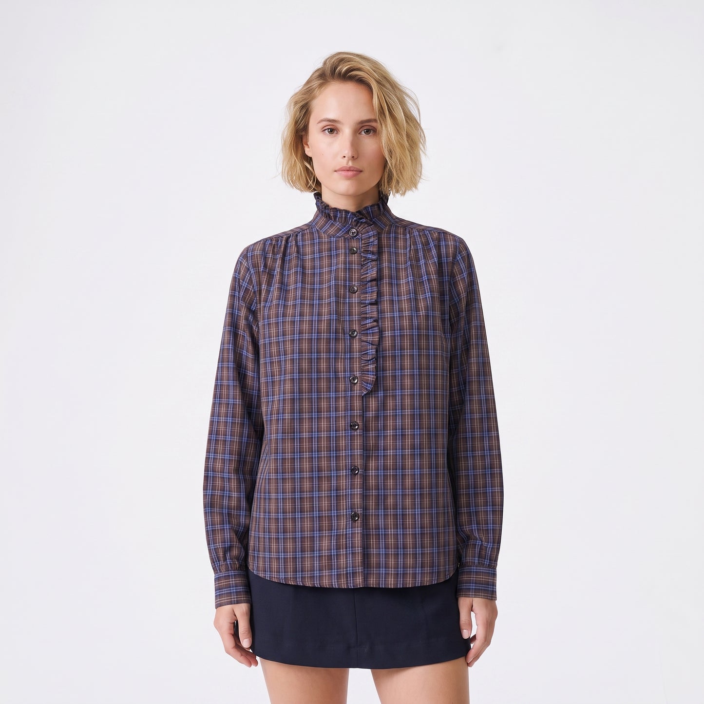 Blouse à carreaux Col montant volanté