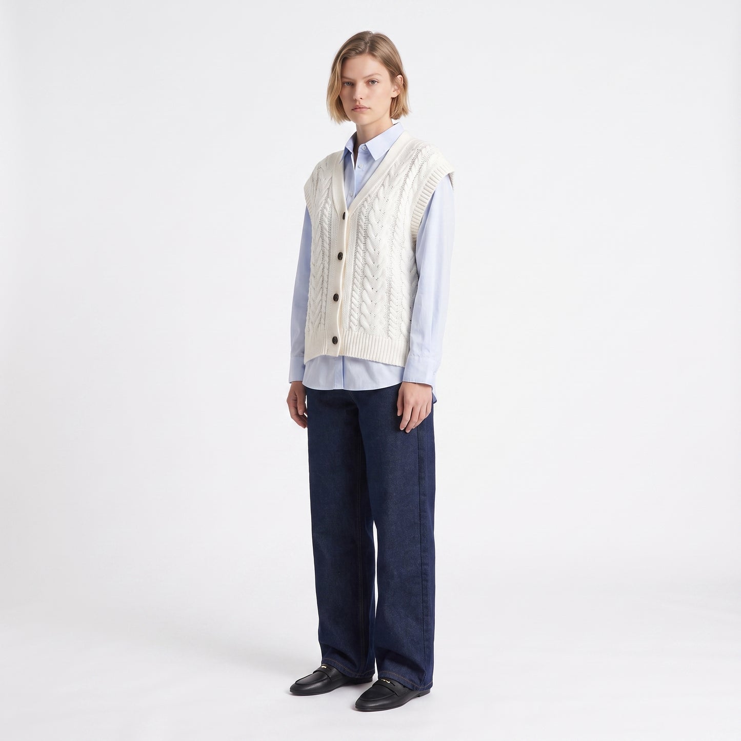 Gilet sans manches Maille torsadée Col V Fermeture boutonnée 