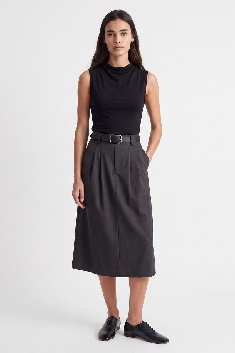 Jupe midi Taille haute avec ceinture Coupe évasée Plis à l'avant