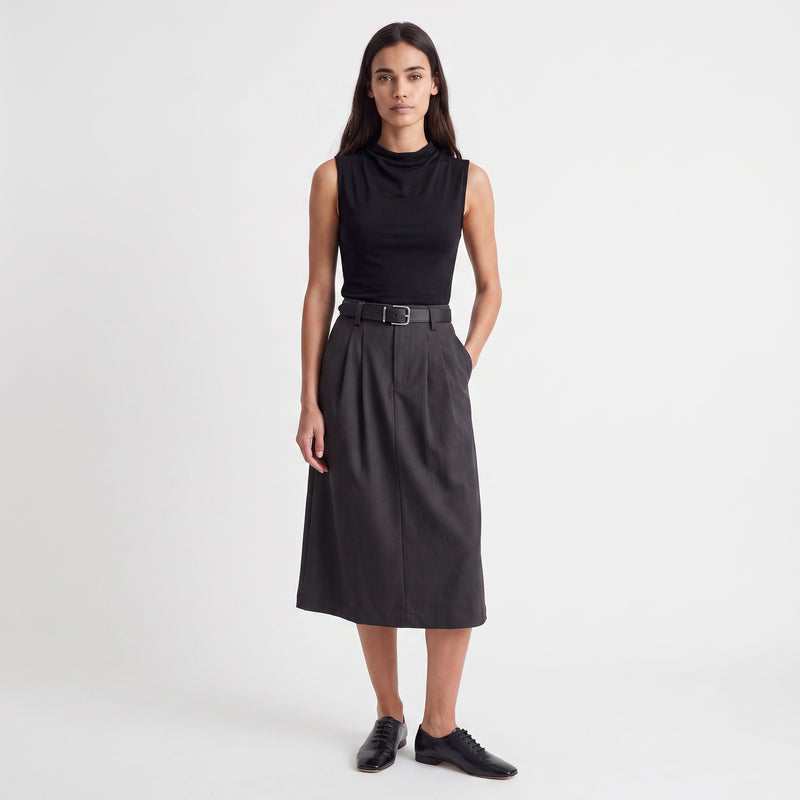 Jupe midi Taille haute avec ceinture Coupe évasée Plis à l'avant