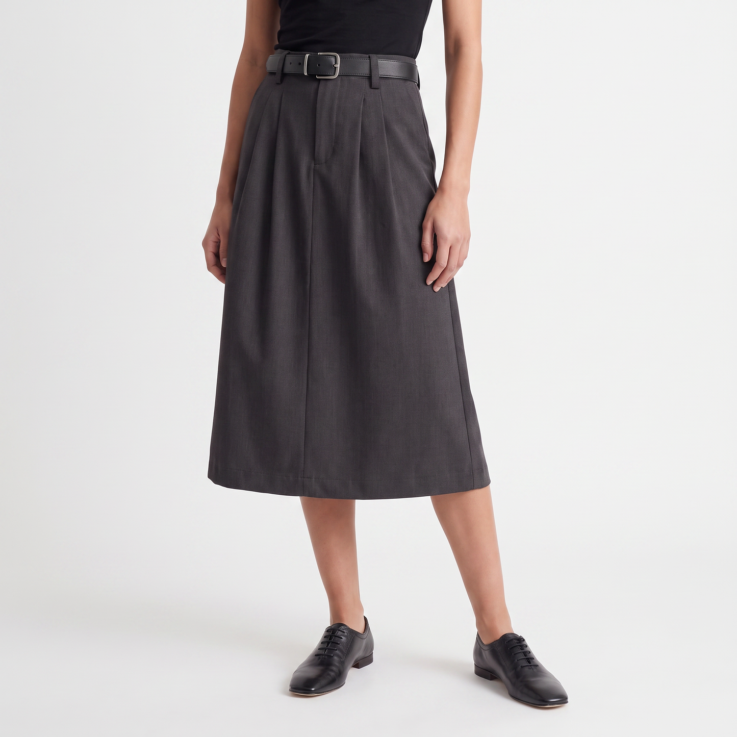 Jupe midi Taille haute avec ceinture Coupe évasée Plis à l'avant