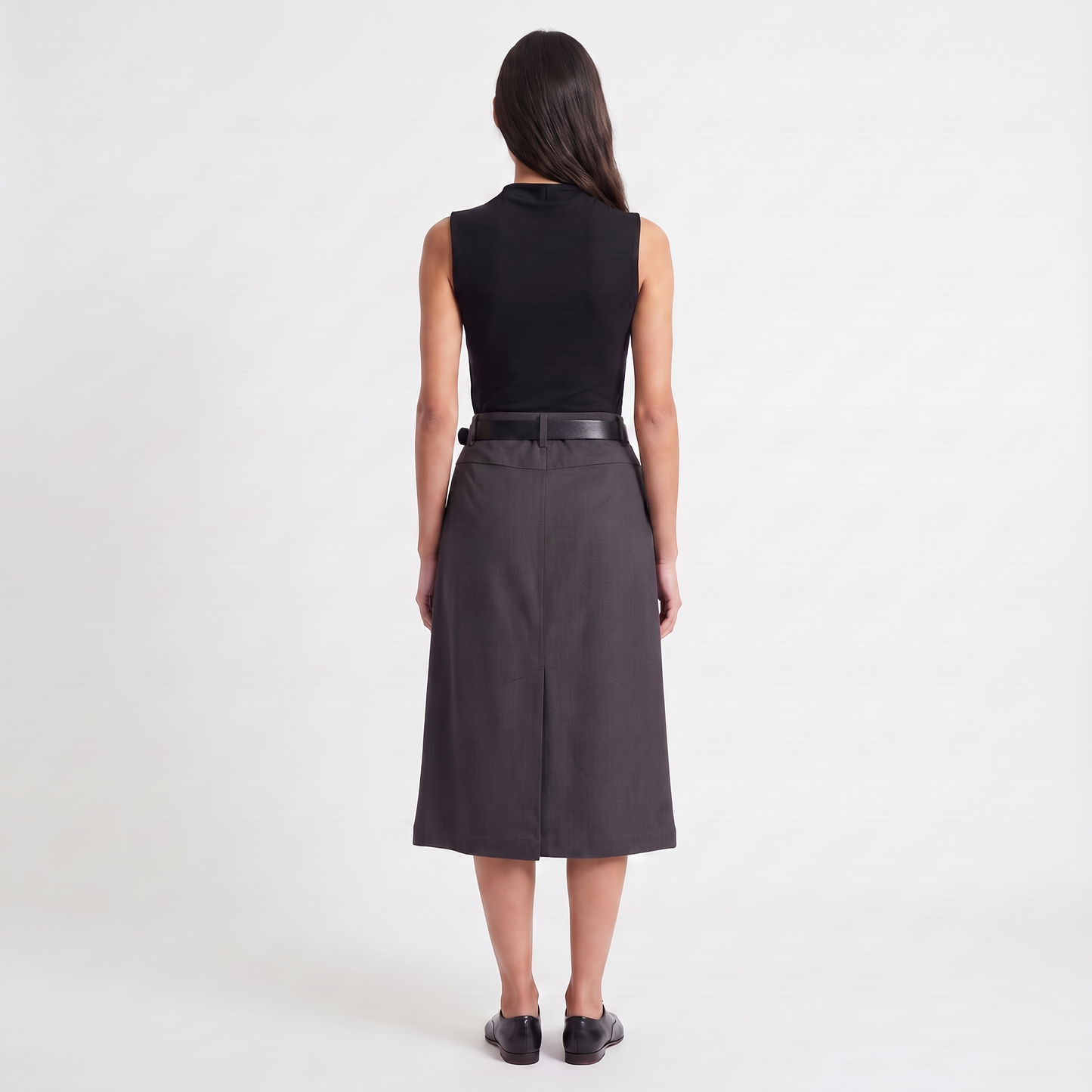 Jupe midi Taille haute avec ceinture Coupe évasée Plis à l'avant