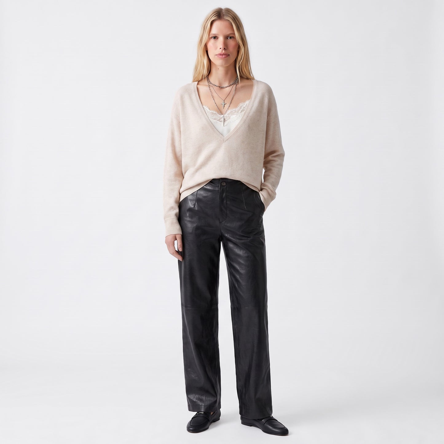 Pull en maille col v, Col polo ouvert Manches longues Coupe légèrement ample