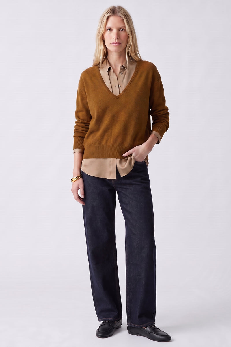 Pull en maille col v, Col polo ouvert Manches longues Coupe légèrement ample