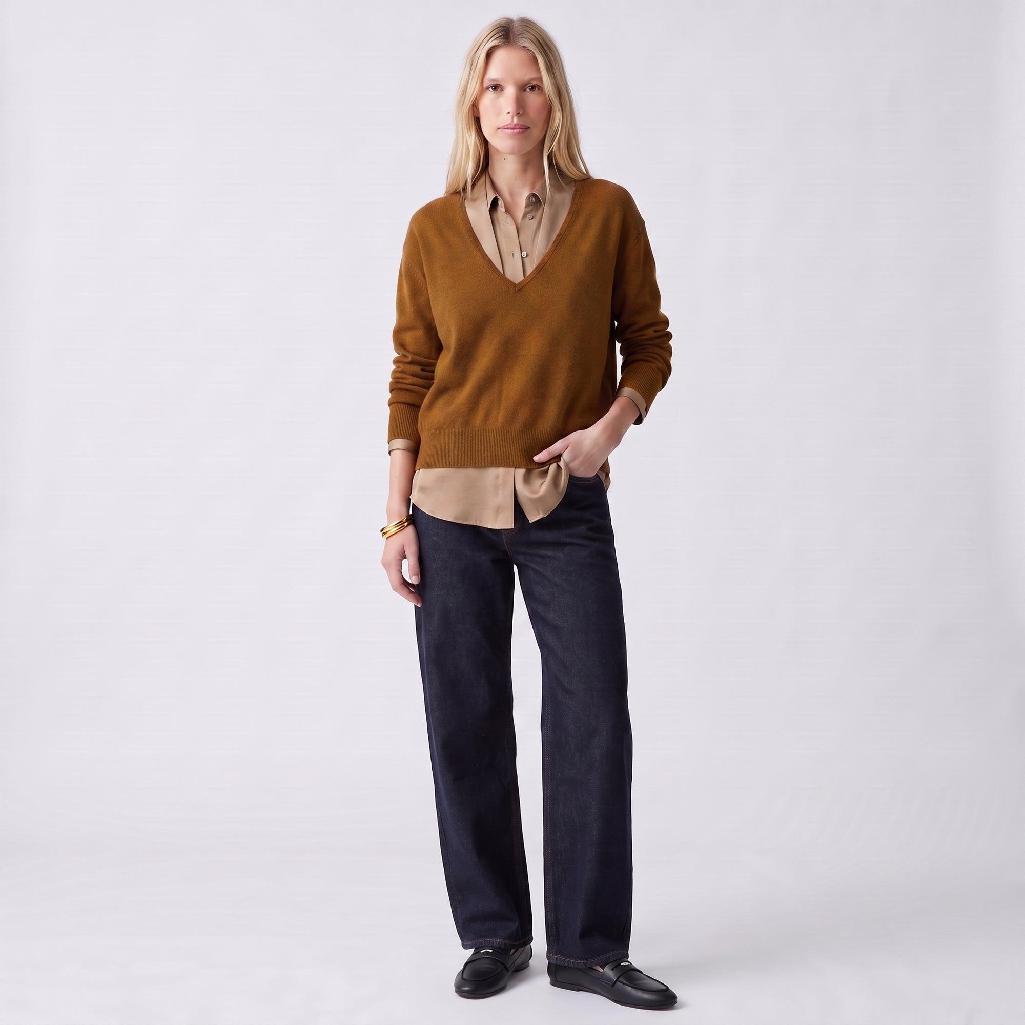 Pull en maille col v, Col polo ouvert Manches longues Coupe légèrement ample