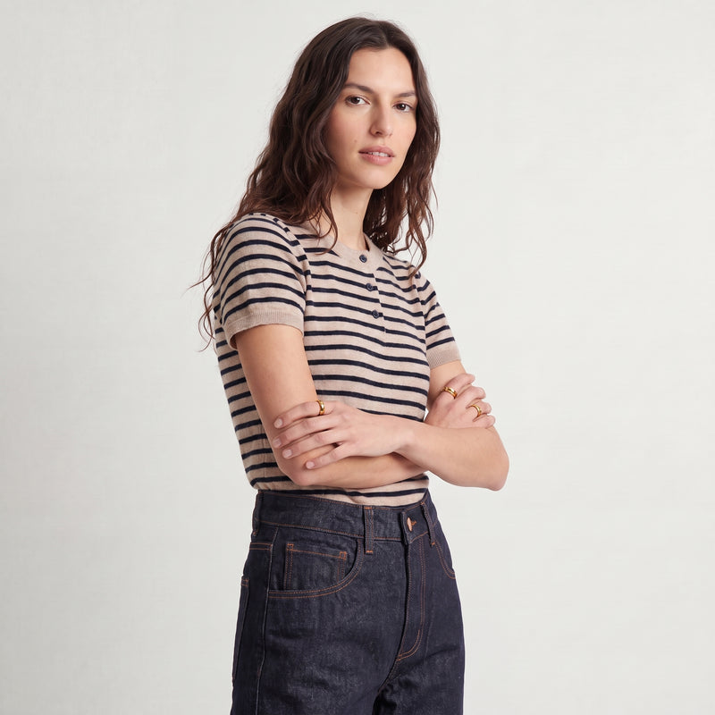 Pull marinière Col rond boutonné Manches courtes Maille douce et légère
