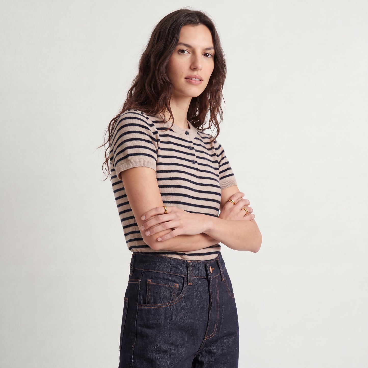 Pull marinière Col rond boutonné Manches courtes Maille douce et légère