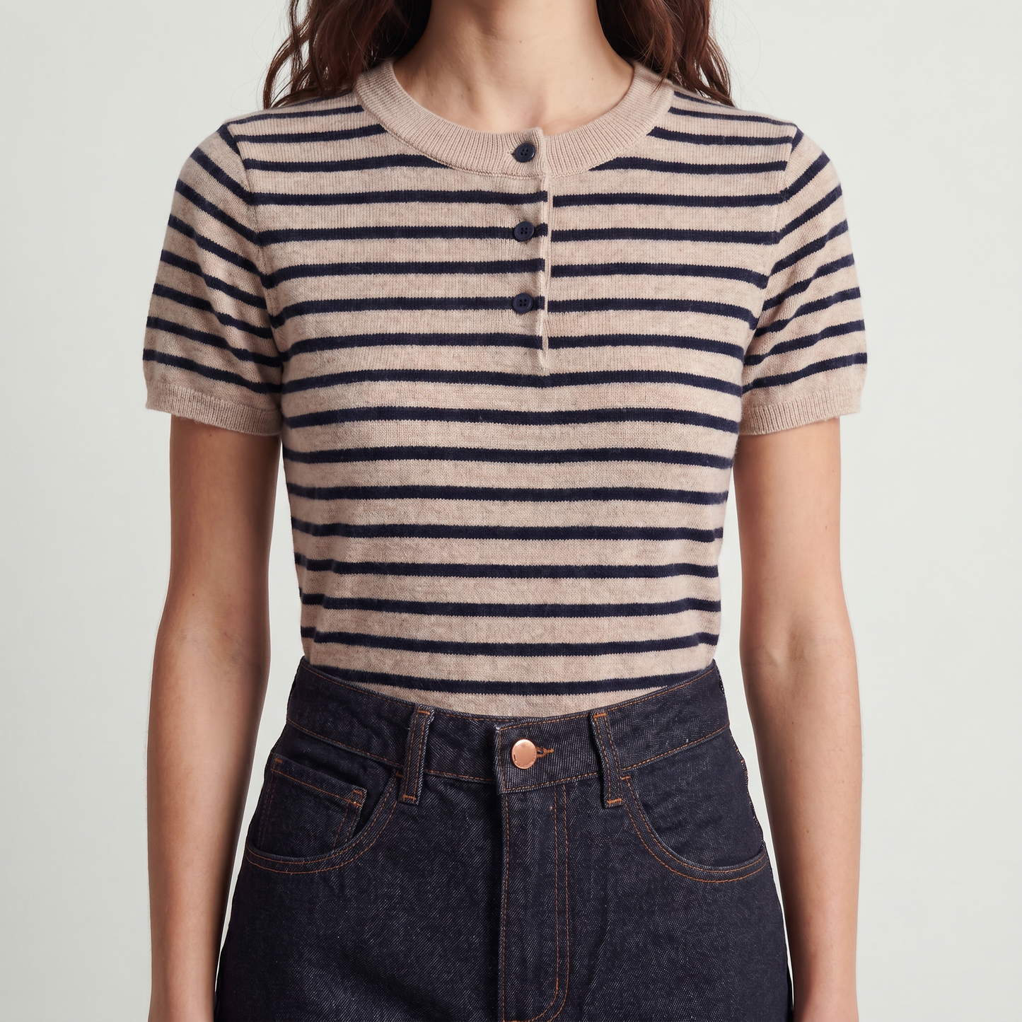 Pull marinière Col rond boutonné Manches courtes Maille douce et légère