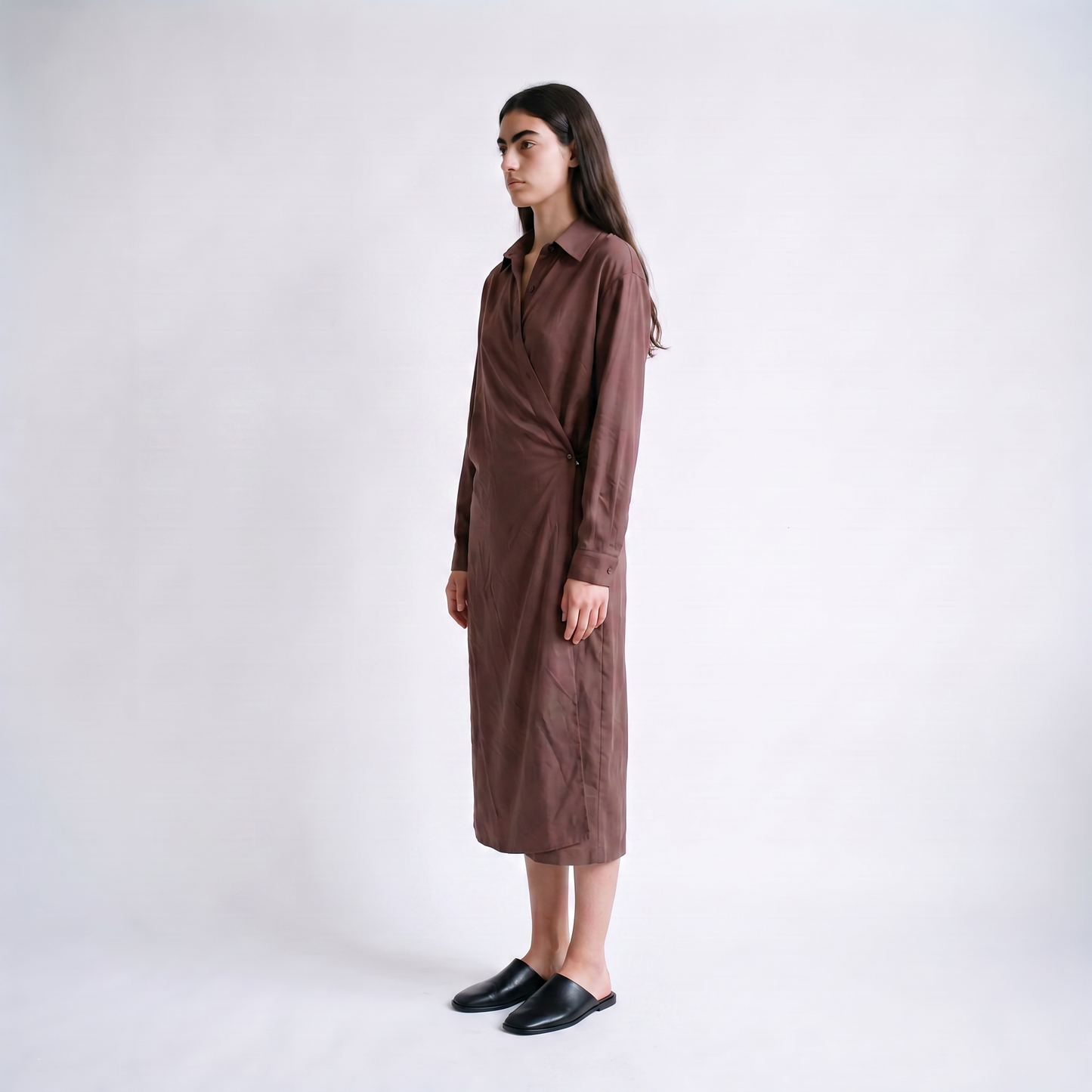 Robe midi fluide Col chemise Fermeture boutonnée sur le devant