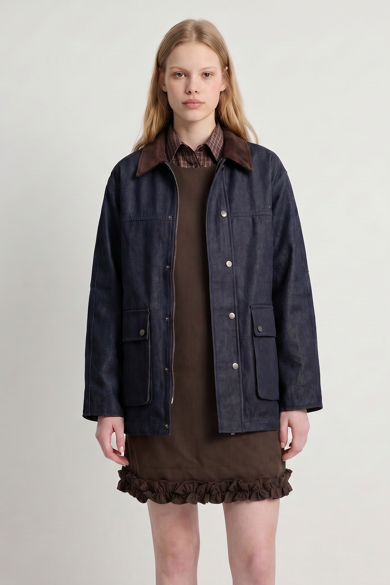 Veste courte workwear  Col contrasté Fermeture pressionnée